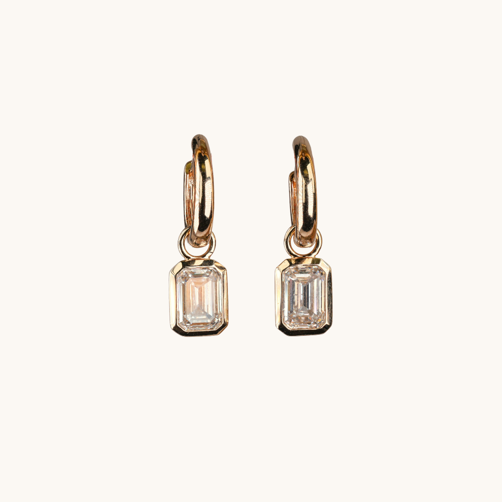 Emerald Lab Diamond Bezel Dangle Huggie Earrings