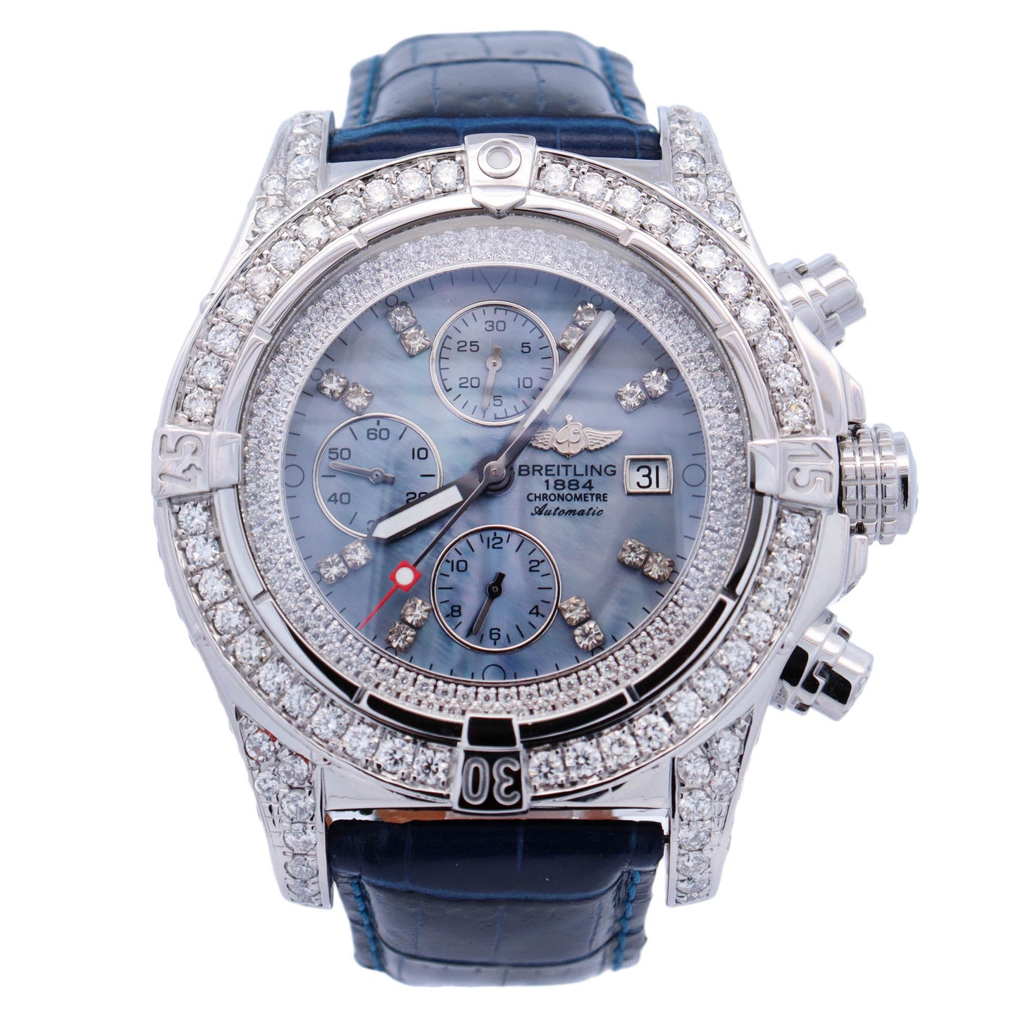 Breitling Super Avenger Stainless Steel Iced Out Dark MOP Diamond Dial Watch Reference# A13370 - Happy Jewelers Fine Jewelry Lifetime Warranty