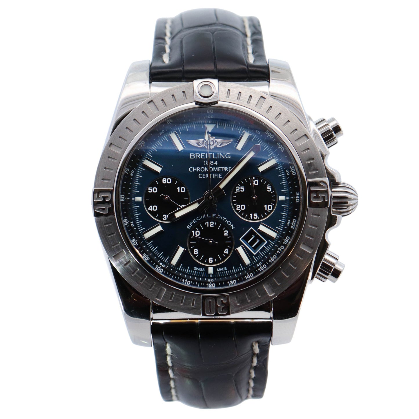 Breitling Chronomat Stainless Steel 44mm Blue Chronograph Dial Watch Reference# AB0115