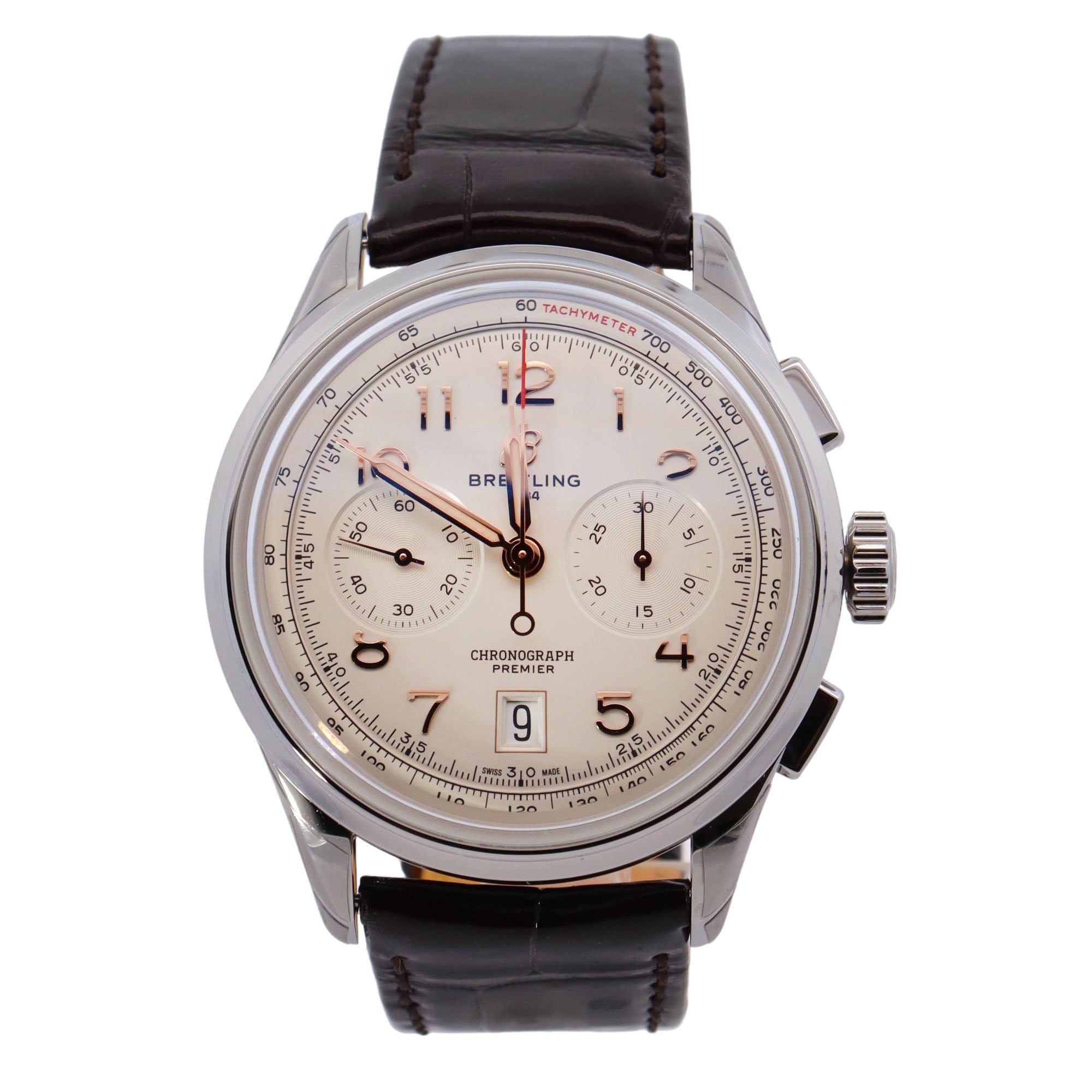 Breitling Premier Stainless Steel 42mm White Chronograph Dial Watch Reference# AB0145 - Happy Jewelers Fine Jewelry Lifetime Warranty