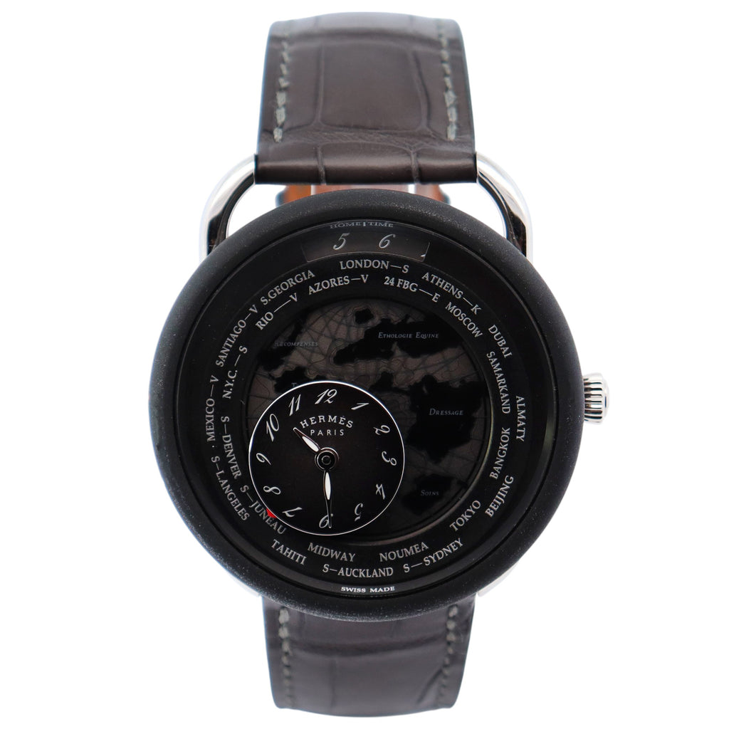 HERMES アナログ腕時計 黒レザー Hermes Arceau Le Temps 41mm Black Dial Watch Ref# AR10.741 – Happy
