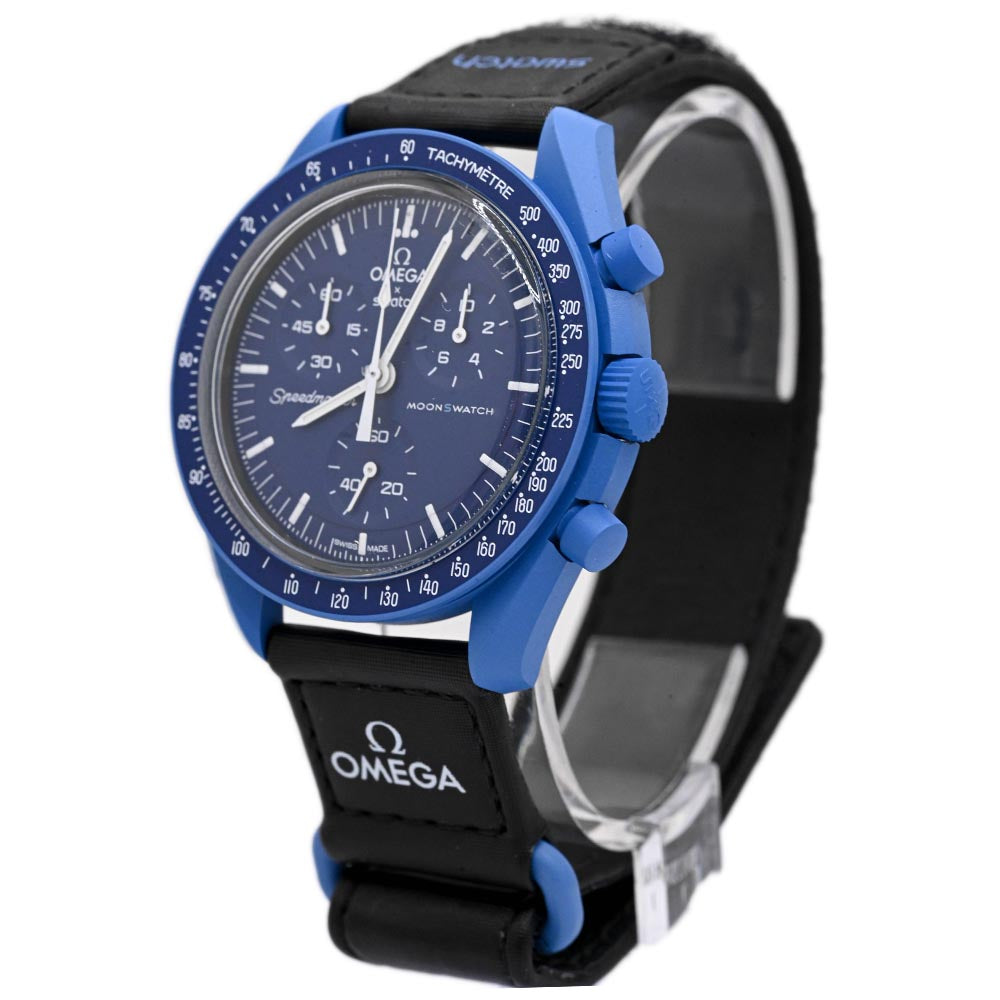 Omega x Swatch Speedmaster "Mission to Neptune" Bioceramic 42mm Blue Chronograph Dial Watch Reference #: SO33N100 - Happy Jewelers Fine Jewelry Lifetime Warranty