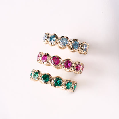 Yellow Gold Aquamarine Victorian Bubble Ring + Yellow Gold Ruby Victorian Bubble Ring + Yellow Gold Emerald Victorian Bubble Ring