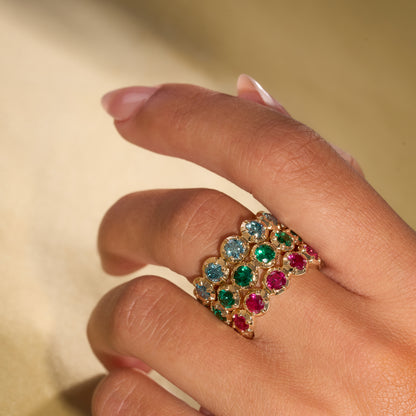 Yellow Gold Aquamarine Victorian Bubble Ring + Yellow Gold Ruby Victorian Bubble Ring + Yellow Gold Emerald Victorian Bubble Ring On Figure