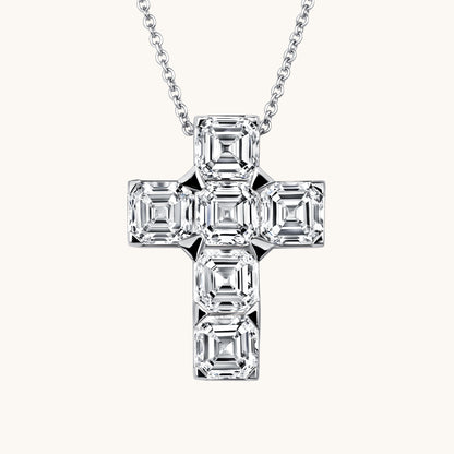 White Gold Asscher Lab Diamond Cross Pendant