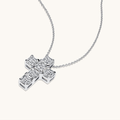 White Gold Asscher Lab Diamond Cross Pendant