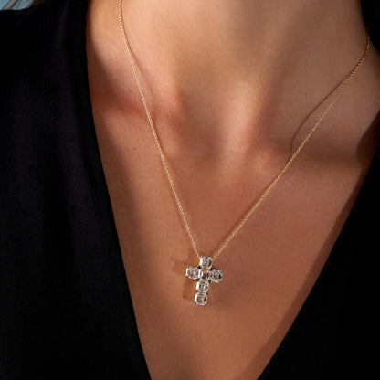 Yellow Gold Asscher Lab Diamond Cross Pendant On Figure