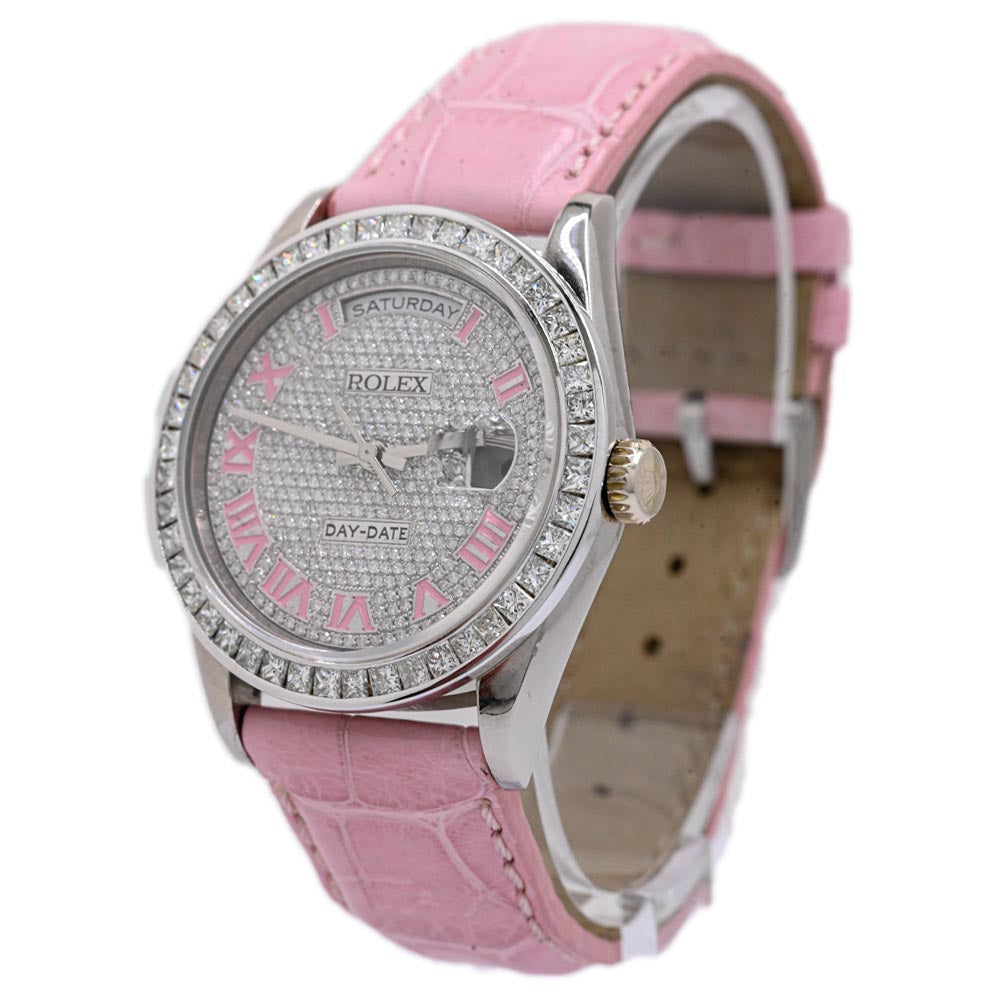 Rolex Ladies Day-Date White Gold 36mm Custom Pave Pink Roman Diamond Dial Watch Reference #: 18239 - Happy Jewelers Fine Jewelry Lifetime Warranty