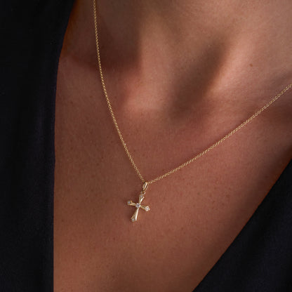 Yellow Gold Beveled Mini Diamond Cross Pendant On Figure
