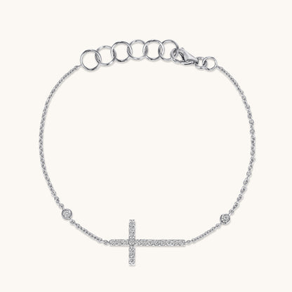 White Gold Bezel Station Diamond Cross Bracelet