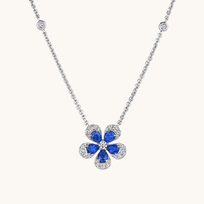 White Gold Blue Sapphire Blooming Flower Necklace