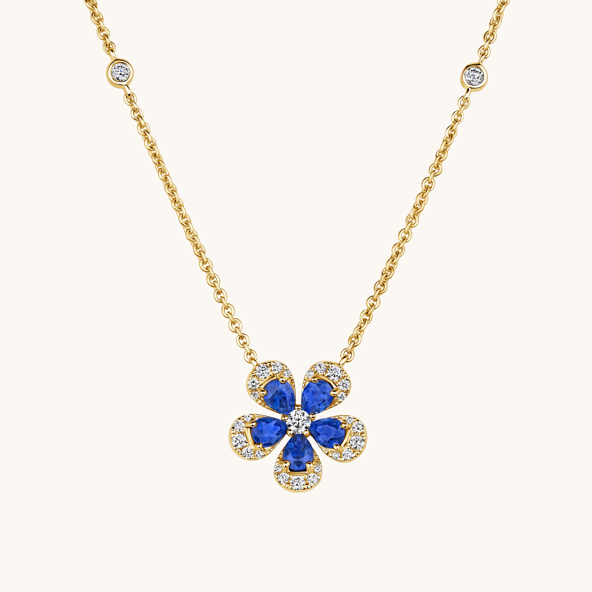 Yellow Gold Blue Sapphire Blooming Flower Necklace