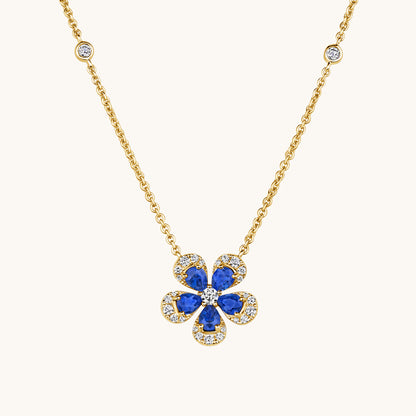 Yellow Gold Blue Sapphire Blooming Flower Necklace