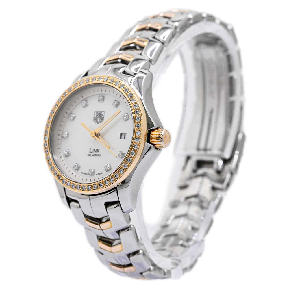 Tag Heuer Ladies Link Two Tone Yellow Gold and Stainless Steel 27mm White MOP Diamond Dial Reference #:  WJF1354.BB0581 - Happy Jewelers Fine Jewelry Lifetime Warranty