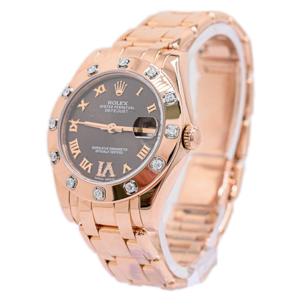 Rolex Ladies Pearlmaster Rose Gold 34mm Chocolate Roman Diamond 6 Dial Watch Reference #: 81315 - Happy Jewelers Fine Jewelry Lifetime Warranty