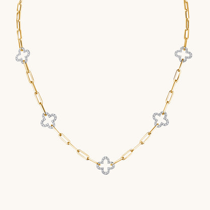 Two Tone Gold Clover Paperclip Chain Necklace