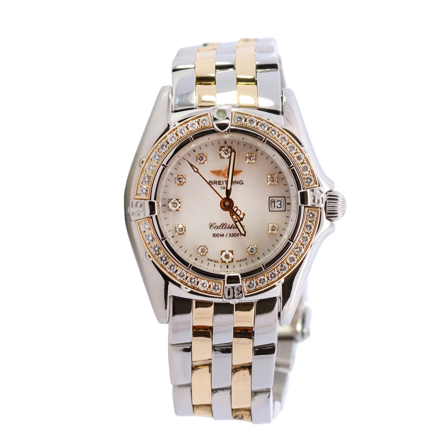 Breitling Callistino Two-Tone Stainless Steel & Yellow Gold 28mm White MOP Diamond Dot Dial Watch Reference# D52345 - Happy Jewelers Fine Jewelry Lifetime Warranty