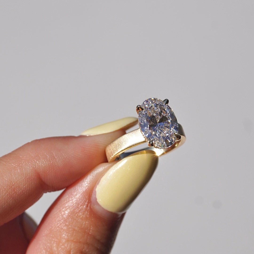 3.59 Oval Lab Diamond Engagement Ring with Satin Solitaire Setting - Happy Jewelers Fine Jewelry Lifetime Warranty