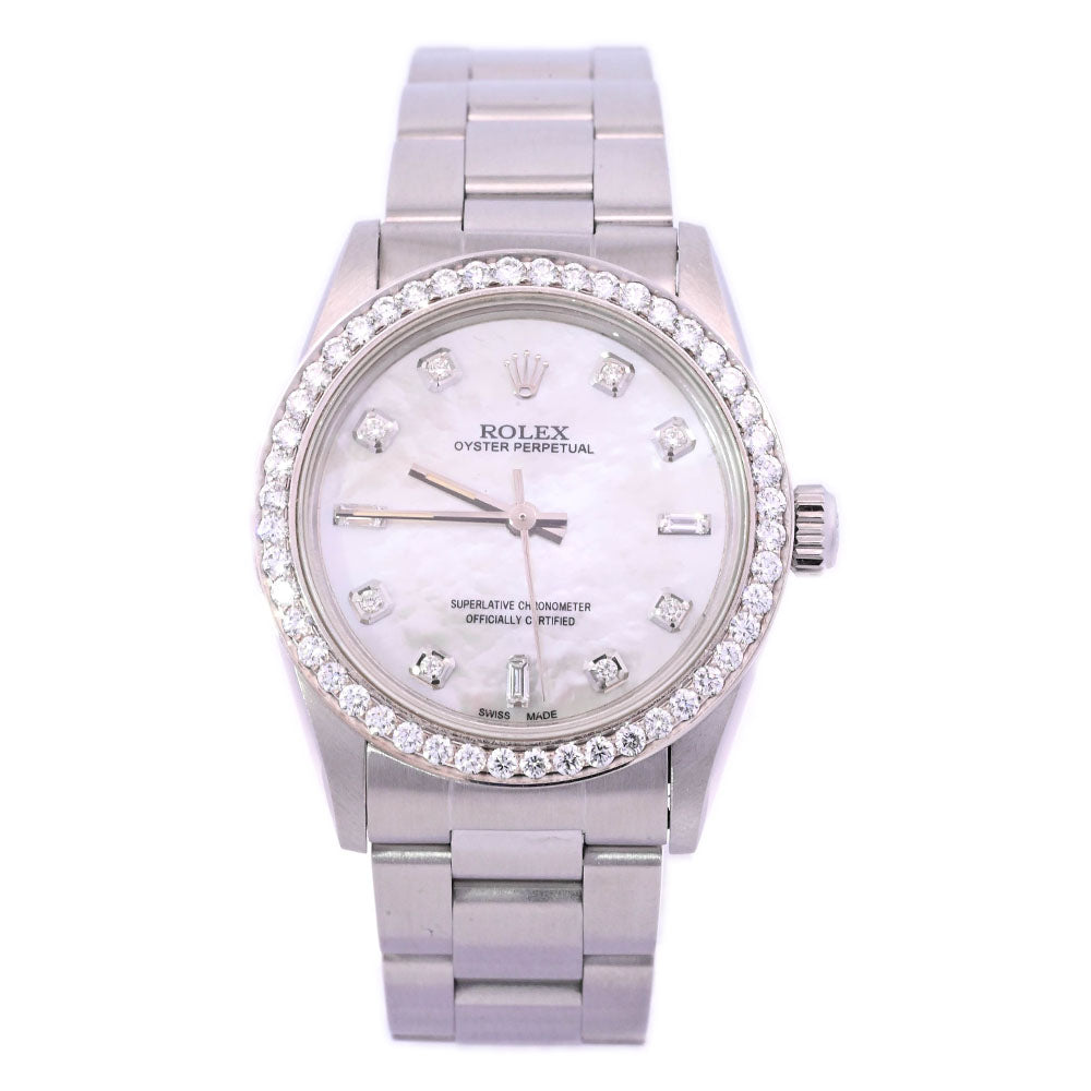 Rolex Oyster Perpetual Stainless Steel 31mm Custom White MOP Diamond Dial Watch Reference #: 67480 - Happy Jewelers Fine Jewelry Lifetime Warranty