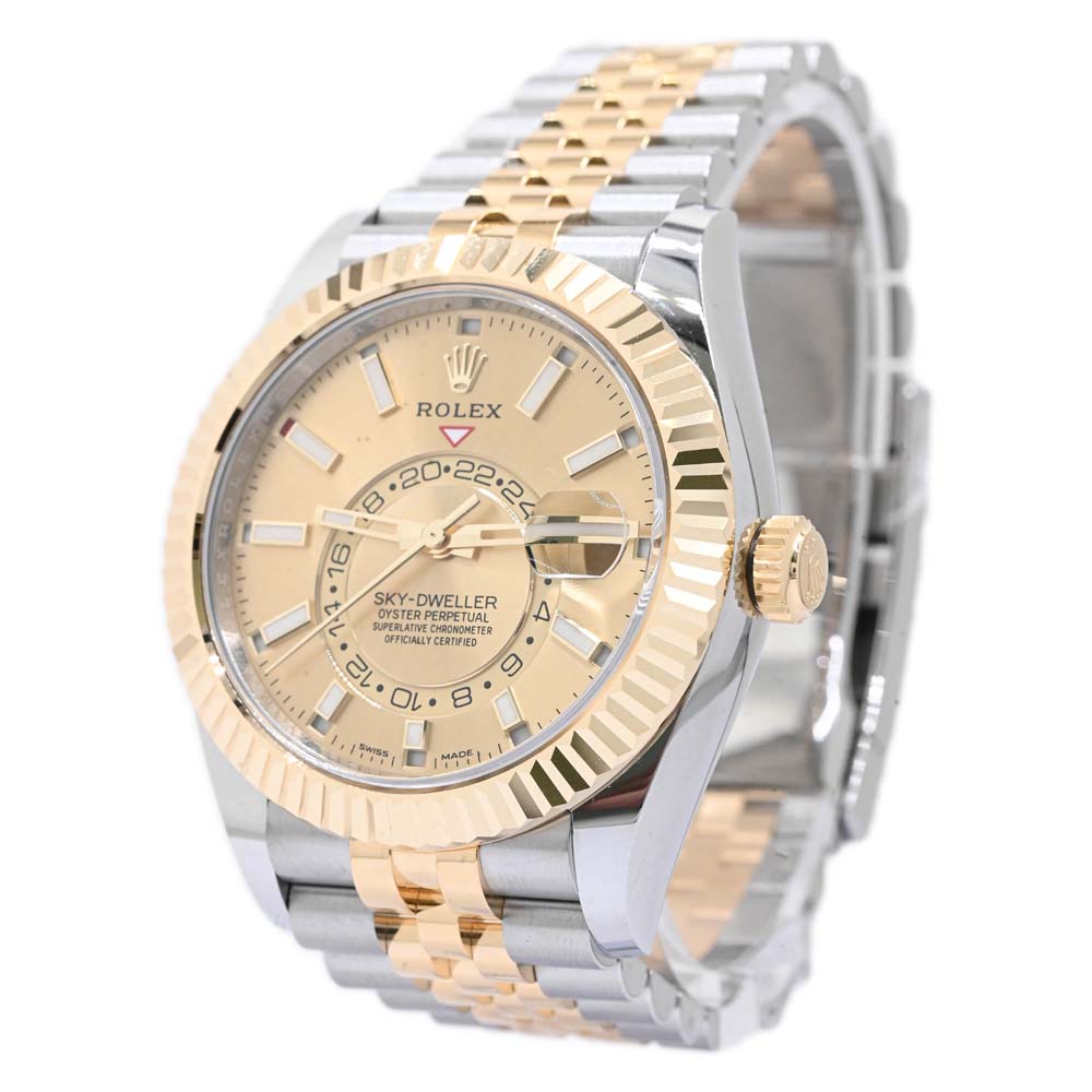 Rolex Men's Sky-Dweller 18K Yellow Gold & Steel 42mm Champagne Stick Dial Watch Reference #: 326933 - Happy Jewelers Fine Jewelry Lifetime Warranty