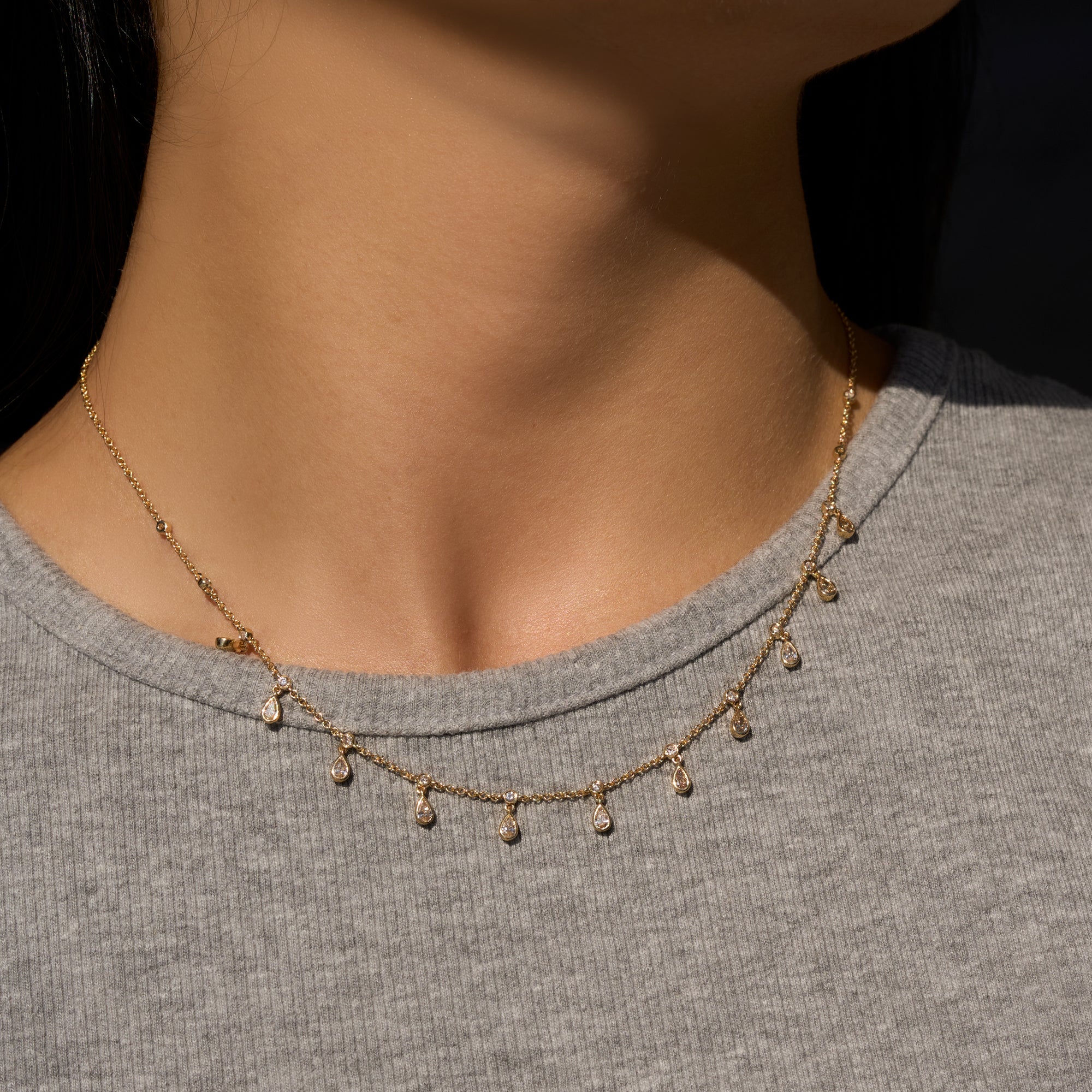 Yellow Gold Diamond Bezel Drop Necklace On Figure