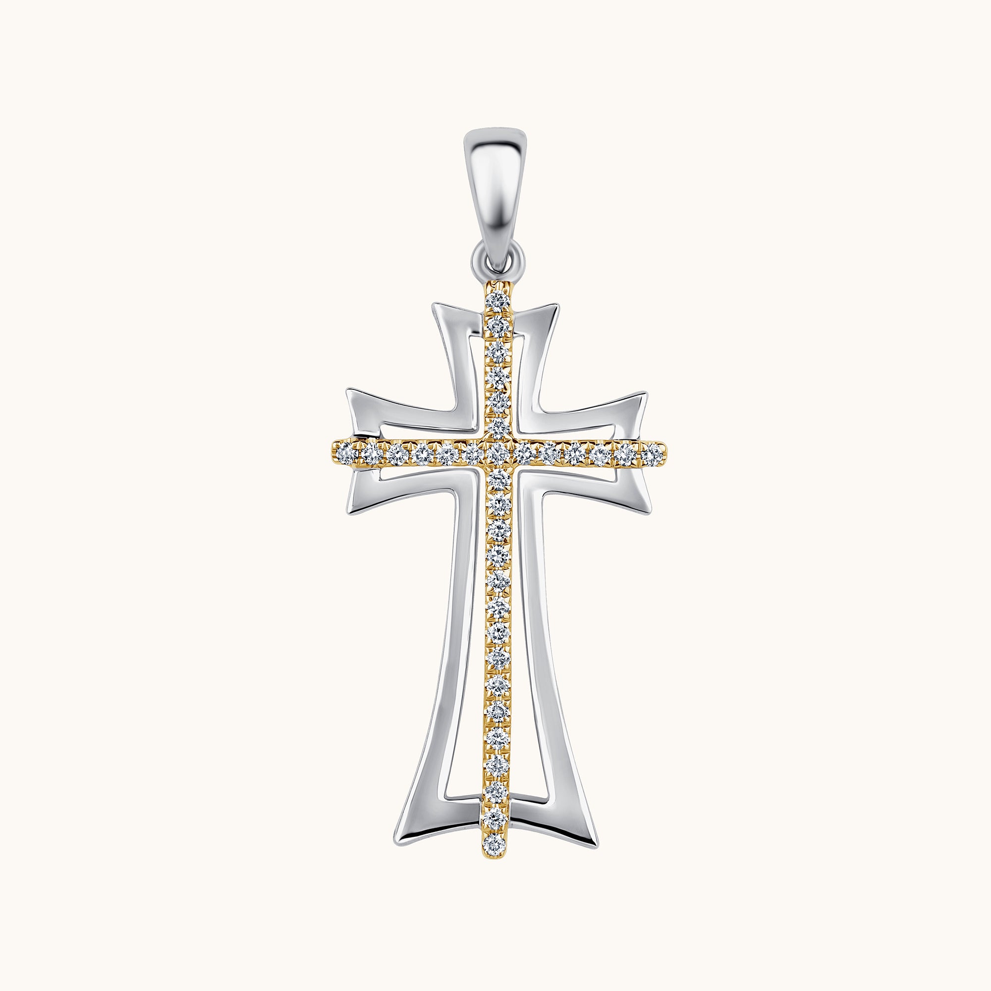 Two Tone Gold Diamond Double Cross Pendant