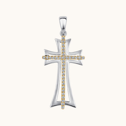 Two Tone Gold Diamond Double Cross Pendant