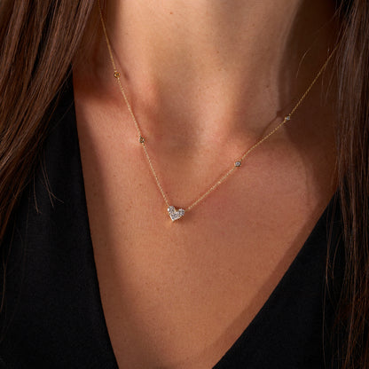 Yellow Gold Diamond Heart Station Necklace On Figure