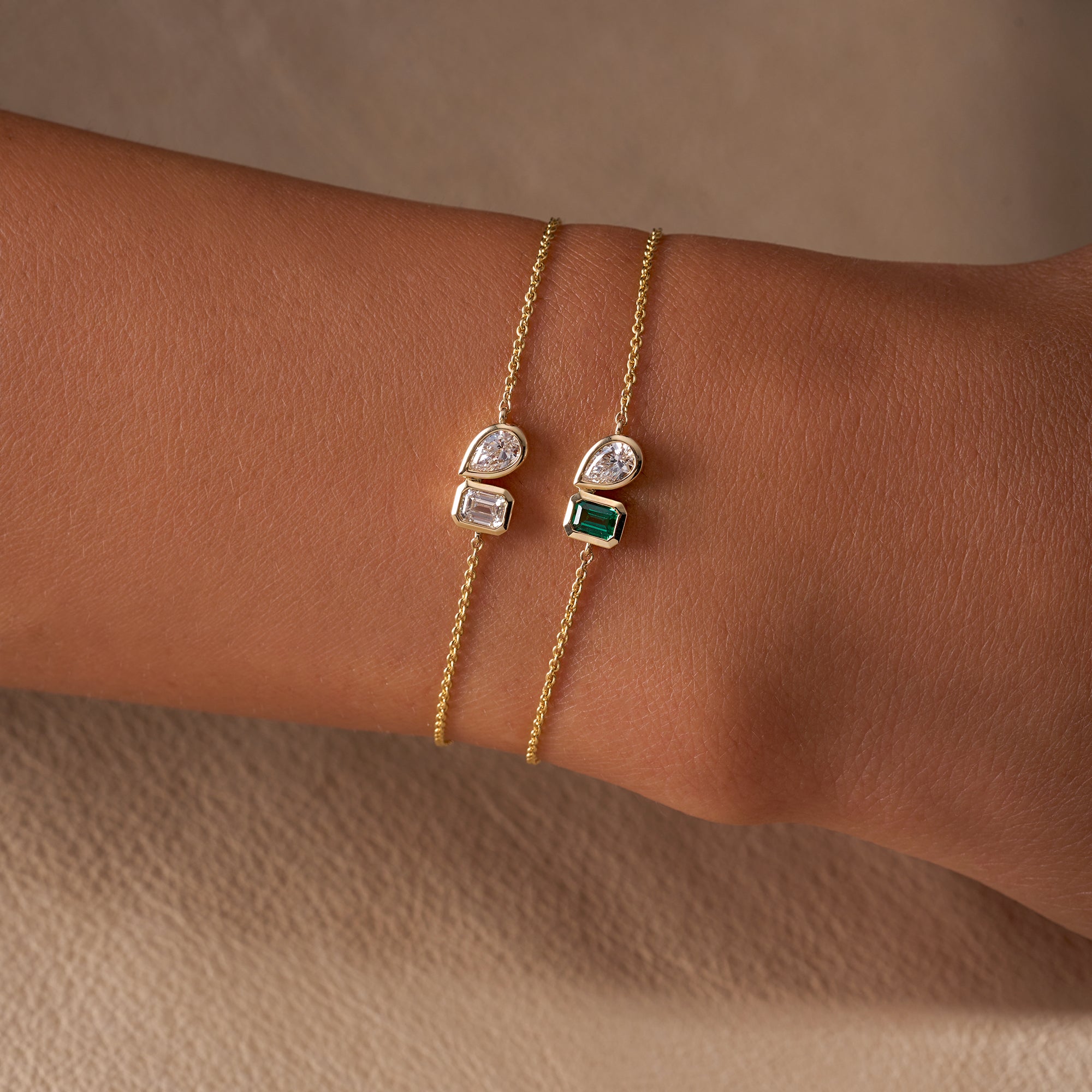 Yellow Gold Diamond Toi et Moi Dainty Bracelet + Yellow Gold Emerald & Diamond Toi et Moi Dainty Bracelet On Figure