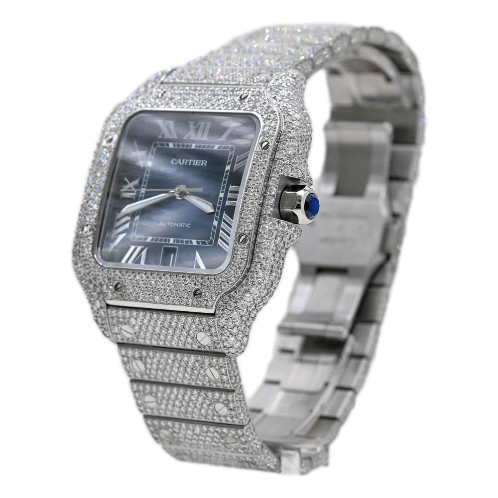 Cartier de Santos 47mm Stainless Steel Case, Blue Gradient Roman Dial, Fully Iced Out Watch Ref: WSSA0030 - Happy Jewelers Fine Jewelry Lifetime Warranty