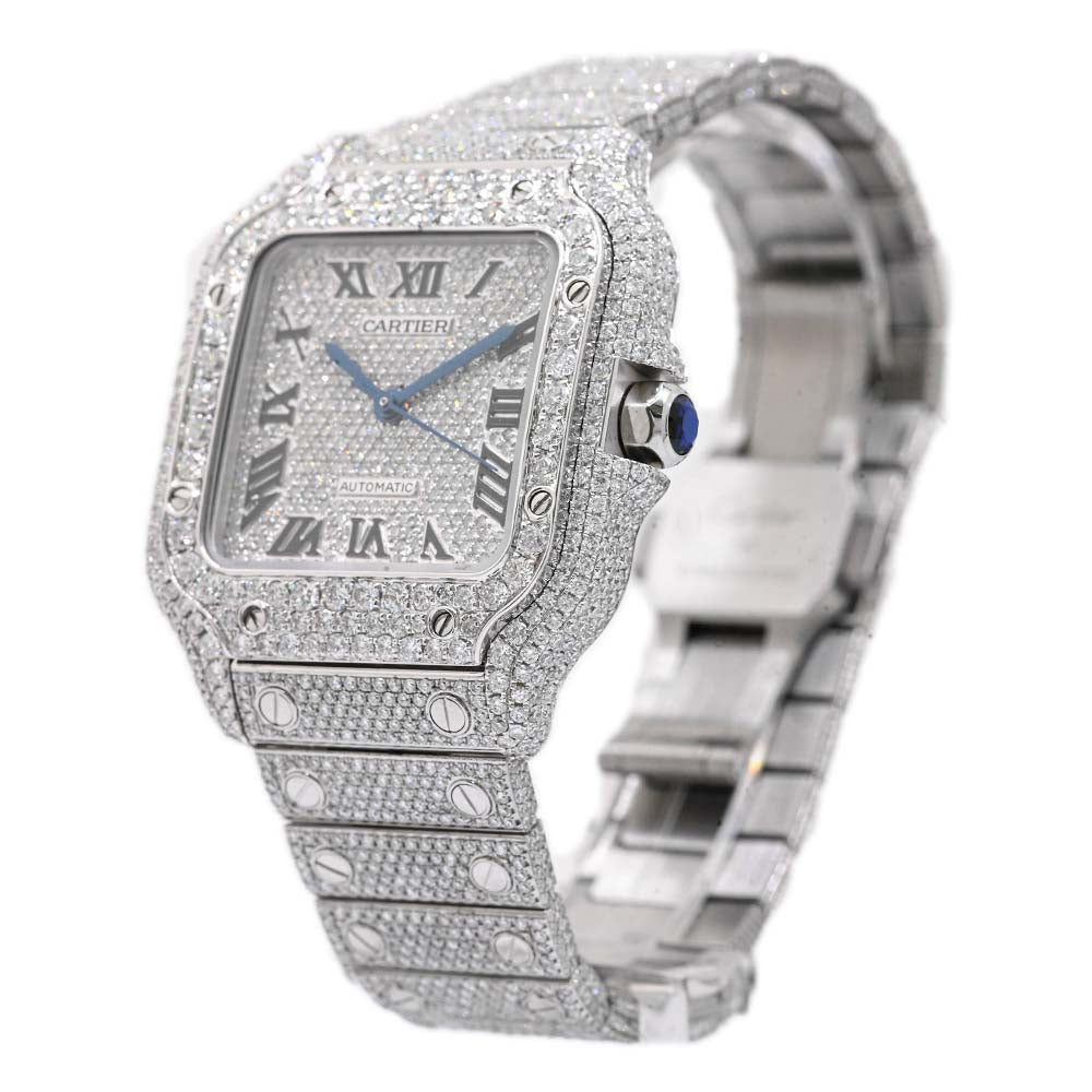 Cartier Unisex Santos Stainless Steel 35mm Pave Diamond Roman Dial ICED OUT Reference #: WSSA0029 - Happy Jewelers Fine Jewelry Lifetime Warranty