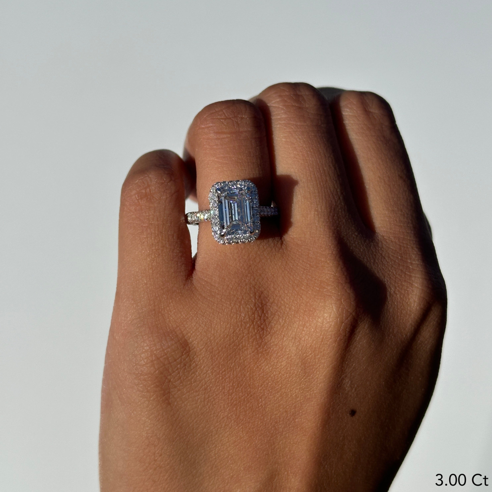 Emerald Lab Created Diamond Engagement Ring with 2D Halo and 3D Band