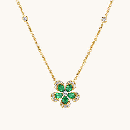 Yellow Gold Emerald Blooming Flower Necklace