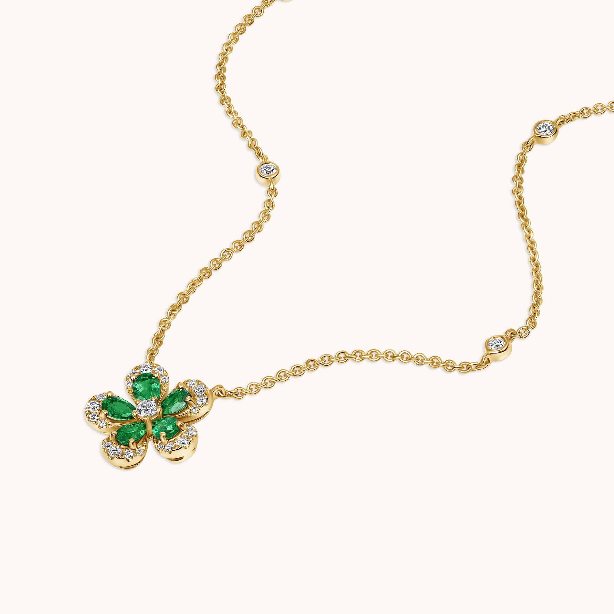 Emerald Yellow Gold Blooming Flower Necklace