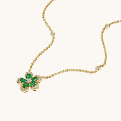 Emerald Yellow Gold Blooming Flower Necklace