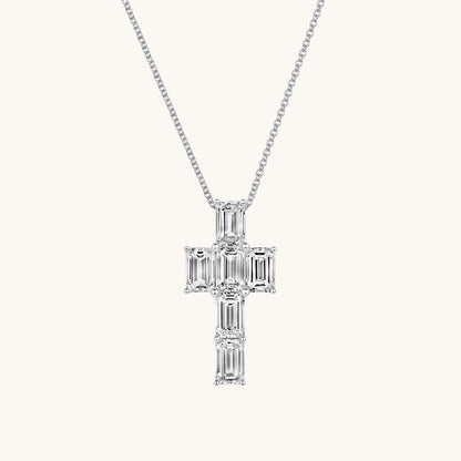 White Gold Emerald Lab Diamond Cross Pendant