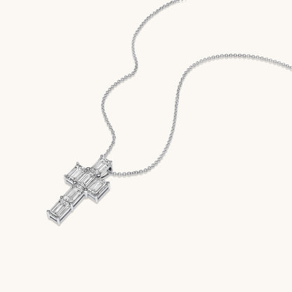 White Gold Emerald Lab Diamond Cross Pendant