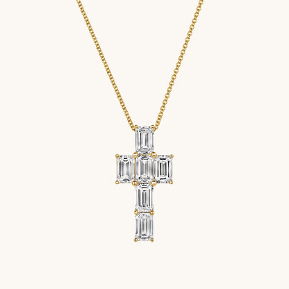 Yellow Gold Emerald Lab Diamond Cross Pendant