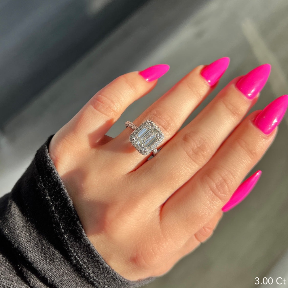 Emerald Lab Created Diamond Engagement Ring with 2D Halo and 3D Band - Happy Jewelers Fine Jewelry Lifetime Warranty