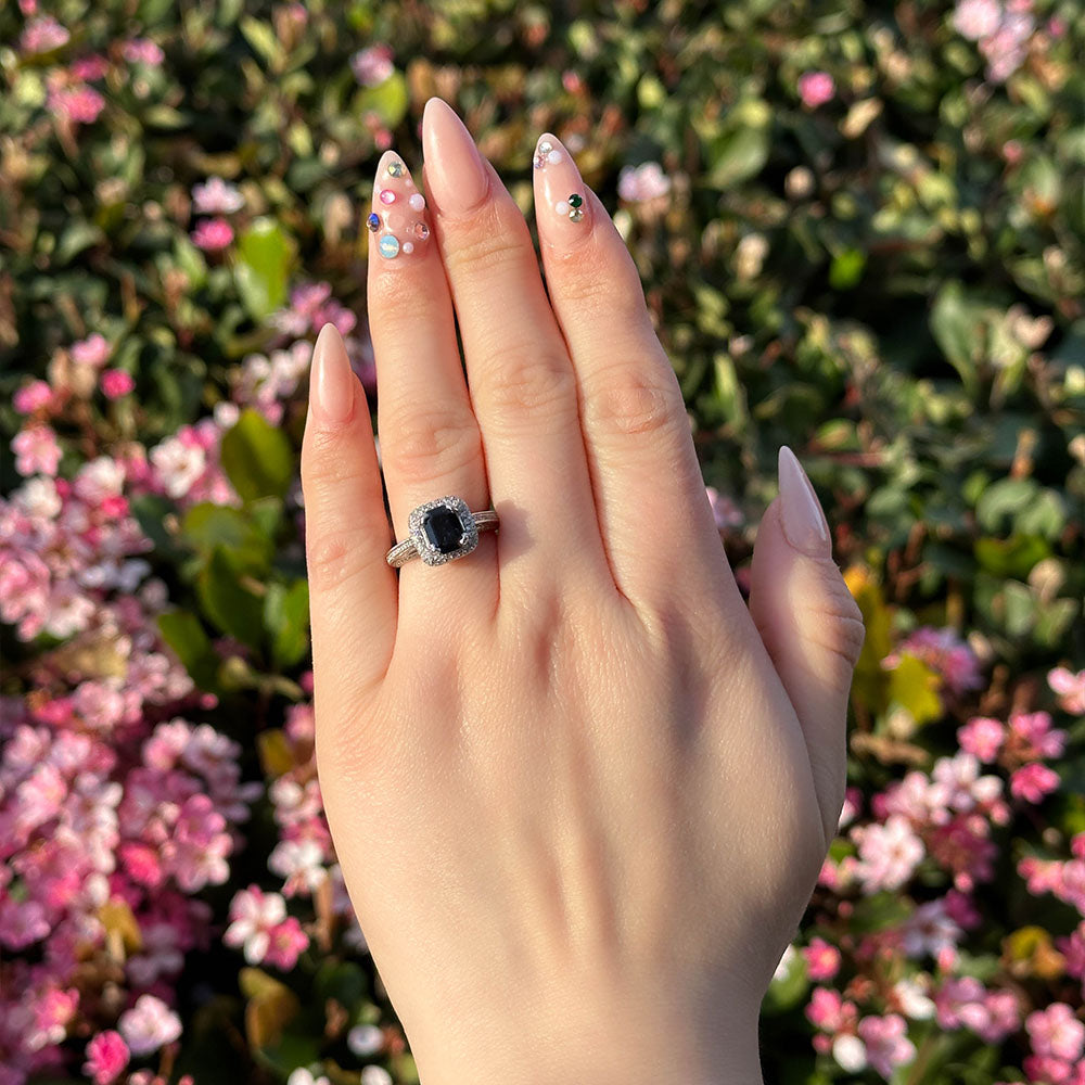 Emerald Sapphire Ring with 2D Halo - Happy Jewelers Fine Jewelry Lifetime Warranty