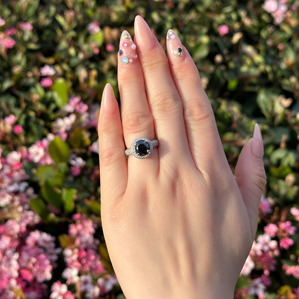 Round Black Diamond Ring with 2D Halo - Happy Jewelers Fine Jewelry Lifetime Warranty