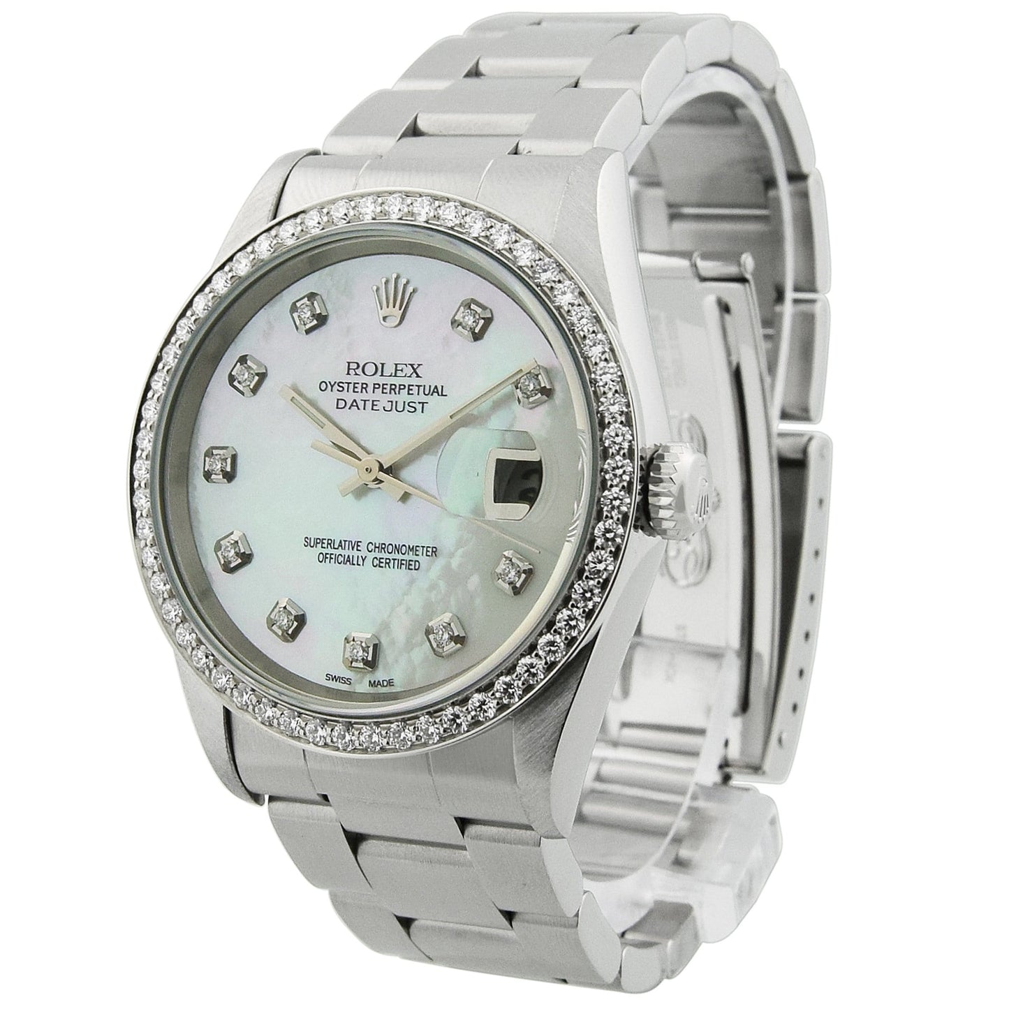 Rolex Datejust Stainless Steel 34mm Custom White MOP Diamond Dial Watch Reference#: 15210 - Happy Jewelers Fine Jewelry Lifetime Warranty