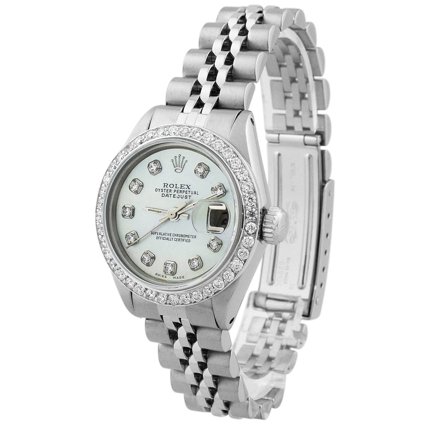 Rolex Date Stainless Steel 26mm White MOP Diamond Dial Watch Reference #: 6919 - Happy Jewelers Fine Jewelry Lifetime Warranty