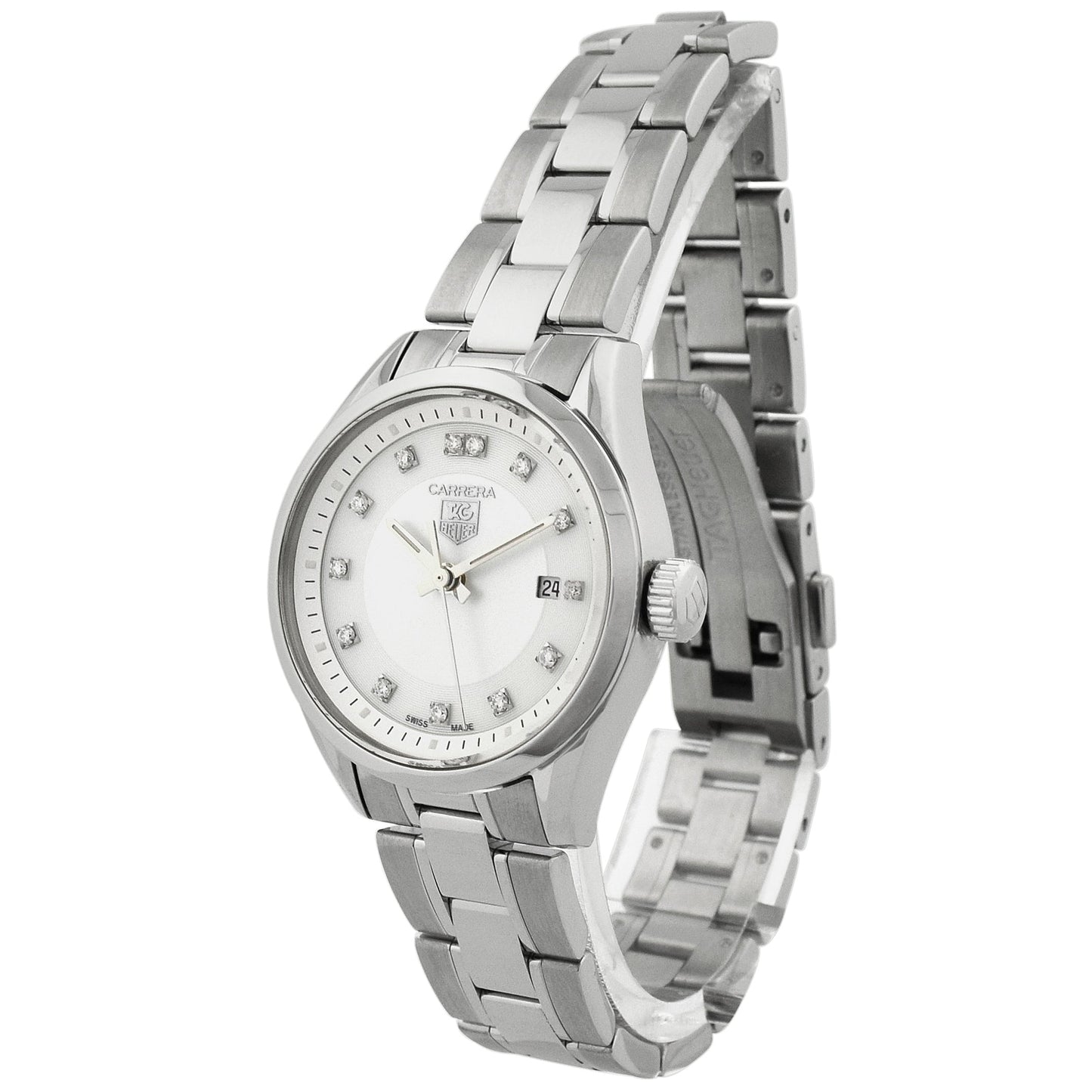 Tag Heuer Lady's Carrera Quartz Stainless Steel 27mm White MOP Diamond Dial Watch Reference #: WV1411.BA0793 - Happy Jewelers Fine Jewelry Lifetime Warranty