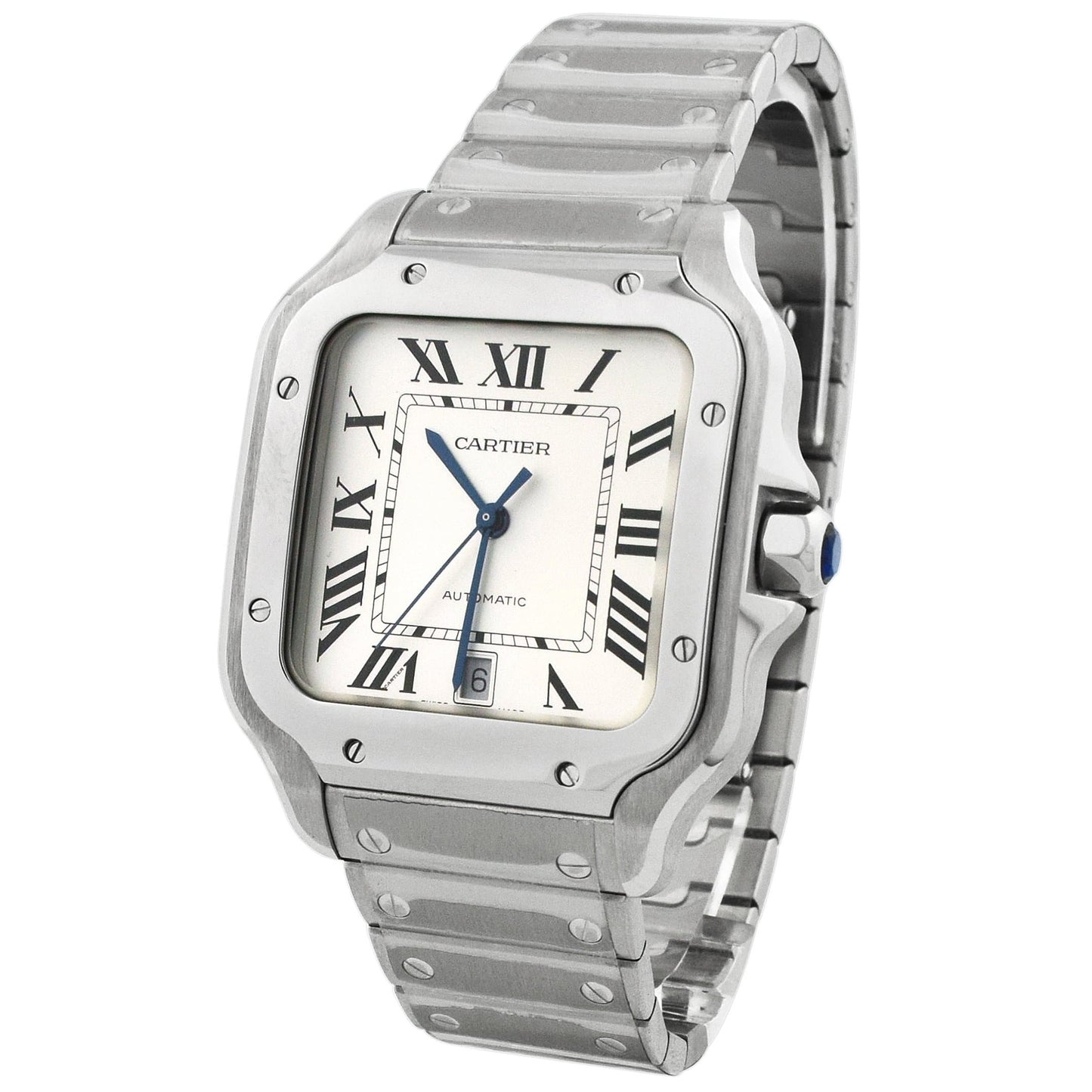 Cartier Santos Stainless Steel 39.8mm Large Model White Roman Dial Watch  Reference #: WSSA0018 - Happy Jewelers Fine Jewelry Lifetime Warranty