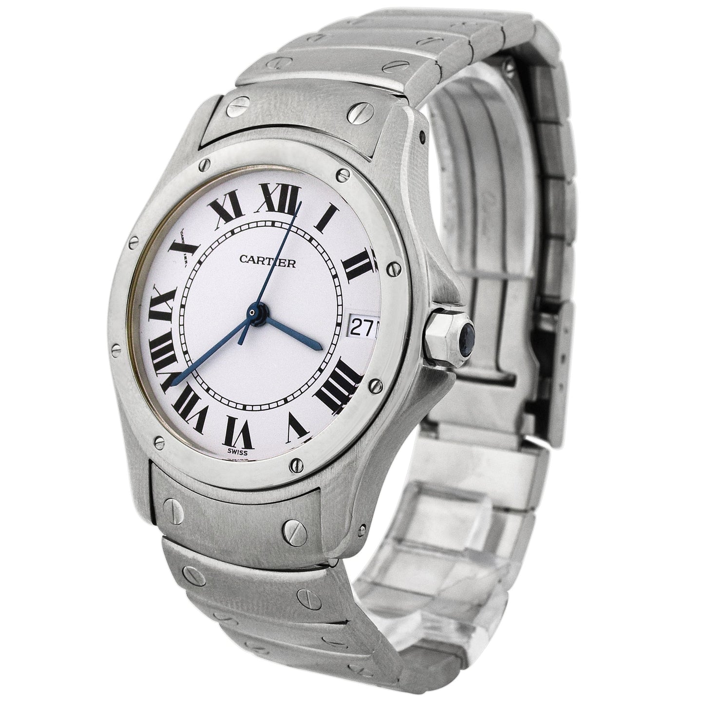 Cartier Unisex Santos Ronde Stainless Steel 33mm White Roman Dial Watch Reference #: W20026K1 - Happy Jewelers Fine Jewelry Lifetime Warranty