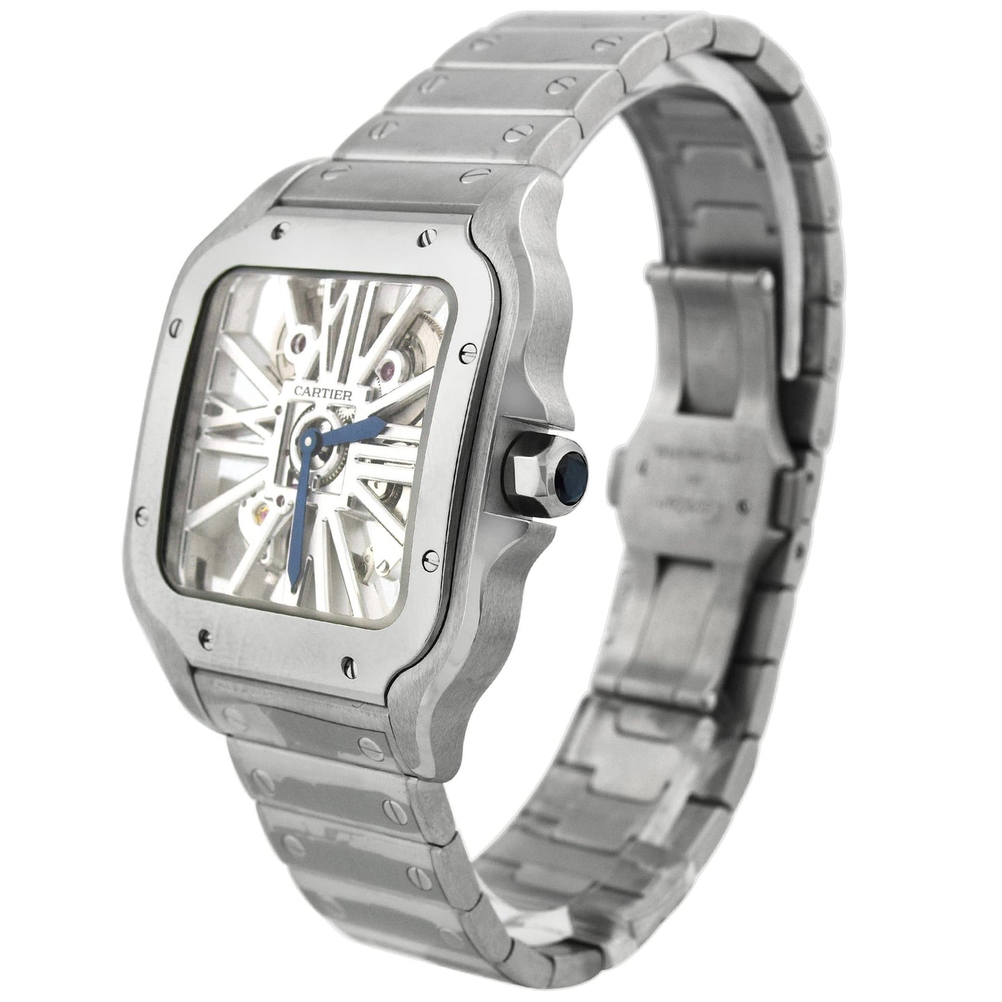 Cartier Mens Santos Stainless Steel 39.8mm Skeleton Roman Dial Watch Reference #: WHSA0015 - Happy Jewelers Fine Jewelry Lifetime Warranty