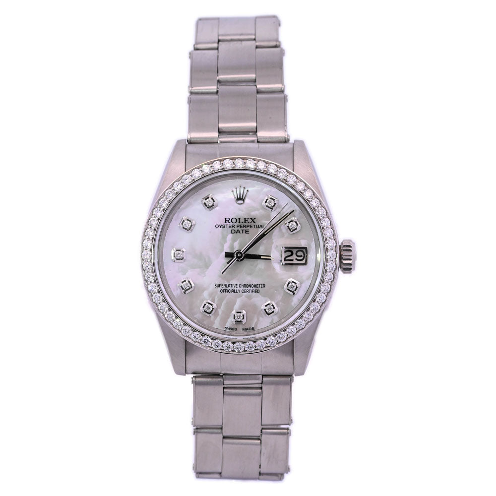 Rolex Oyster Perpetual Stainless Steel 34mm MOP Diamond Dial Watch Reference# 15000 - Happy Jewelers Fine Jewelry Lifetime Warranty
