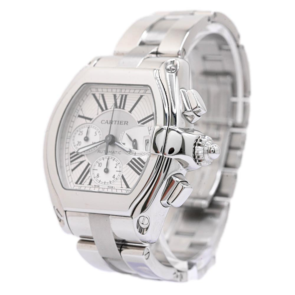 Cartier Men's Roadster XL Chronograph Stainless Steel 49mmx43mm Silver Roman Dial Watch Reference #: W62019X6 - Happy Jewelers Fine Jewelry Lifetime Warranty