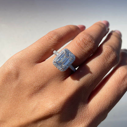 3.00 Carat Emerald Lab Created Diamond Engagement Ring with 2D Halo and 3D Band - Happy Jewelers Fine Jewelry Lifetime Warranty